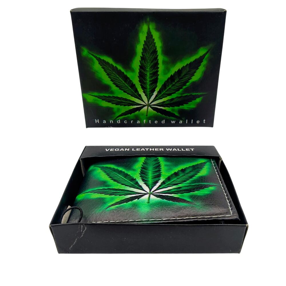 Handcrafted Men’s Full‑Size Wallet Vegan Leather, Bold Cannabis Leaf Print
